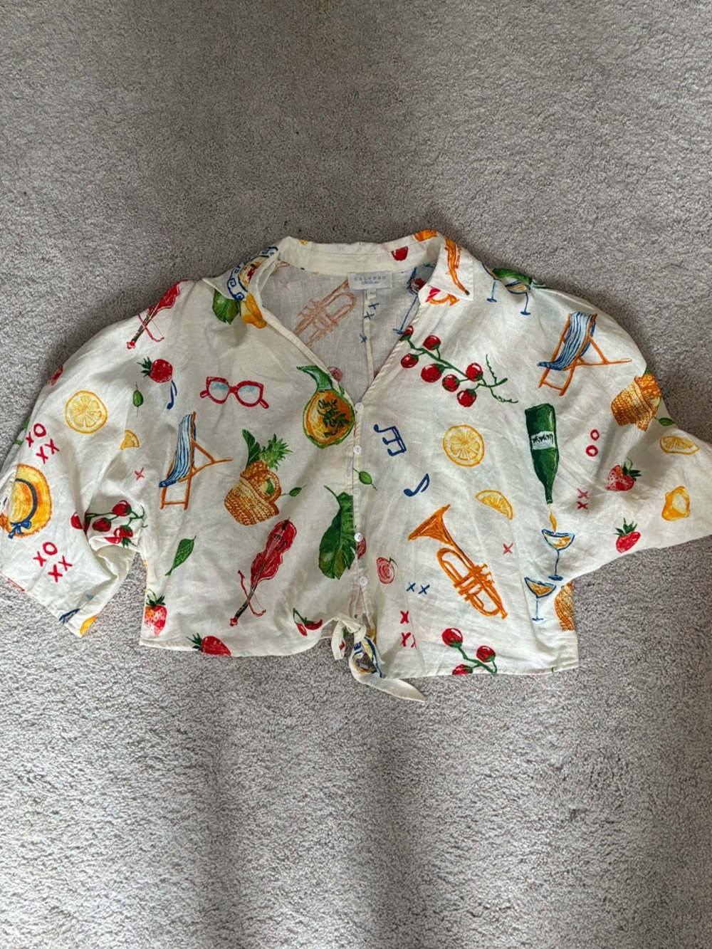 Calypso St. Barth White Tropical Print Tie-Front Blouse